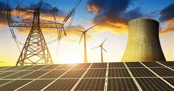 Image depicting high voltage transmission lines, wind turbines, nuclear power cooling tower, and a photovoltaic field. Image depicting high voltage transmission lines, wind turbines, nuclear power cooling tower, and a photovoltaic field.